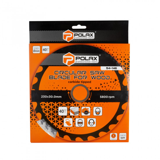 Диск пильний Polax по дереву з твердосплавними напайками 230x30.0/25.4, 40Т (54-146)
