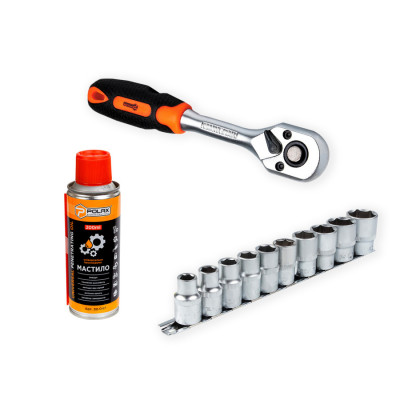 Набір для авто Polax мастило універсальне, ключ-тріскачка і торцеві насадки (332-06)