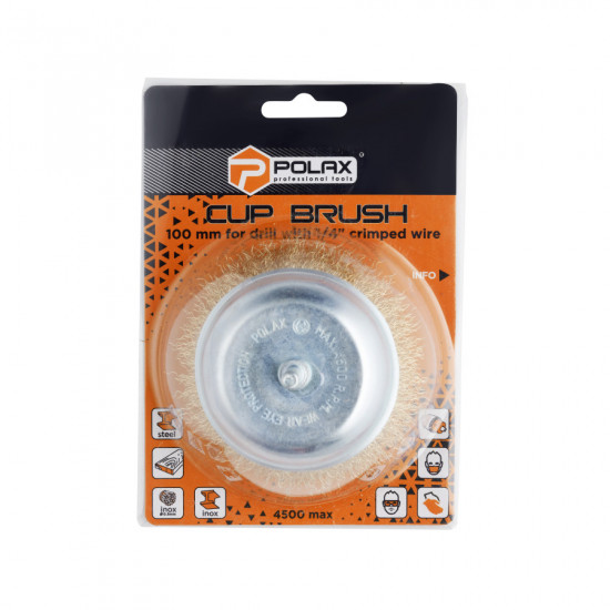 Щітка чашкова 100 мм, для дриля, 1/4", гофр. пров., латунована Polax (54-173)