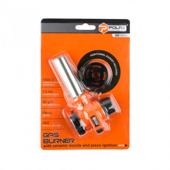 Газовий пальник з п\'єзопідпалом, керамічним соплом та кутом нахилу 360° Polax 1,3 kW, 1300 °C (32-033) Газовий пальник з п\'єзопідпалом, керамічним соплом та кутом нахилу 360° Polax 1,3 kW, 1300 °C (32-033)