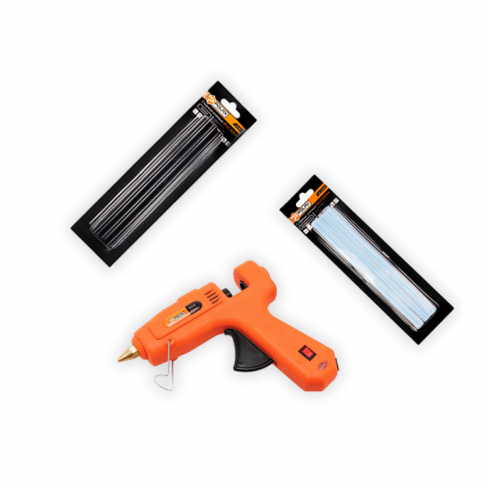 Набір клейовий Polax з пістолетом 11,2 мм 60-100W, 6 прозорих стрижнів і 6 чорних (322-03)