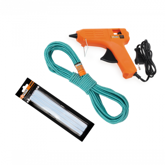 Набір Polax клейовий пістолет 40W, стрижні 6 шт, поліпропіленовий шнур плетений 20м (337-008\n\n\n)