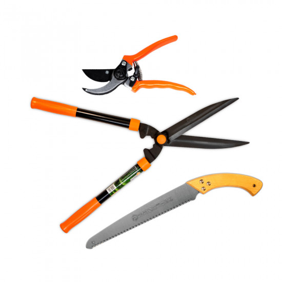 Набір садових інструментів Polax секатор ресорний, ножівка, ножиці для стрижки кущів (770-12)