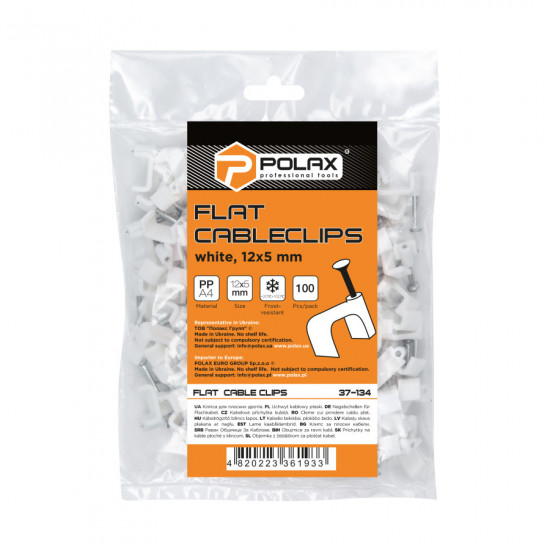 Скоба кабельна Polax плоска 12х5 мм з цвяхом, біла 100 шт. (37-134)