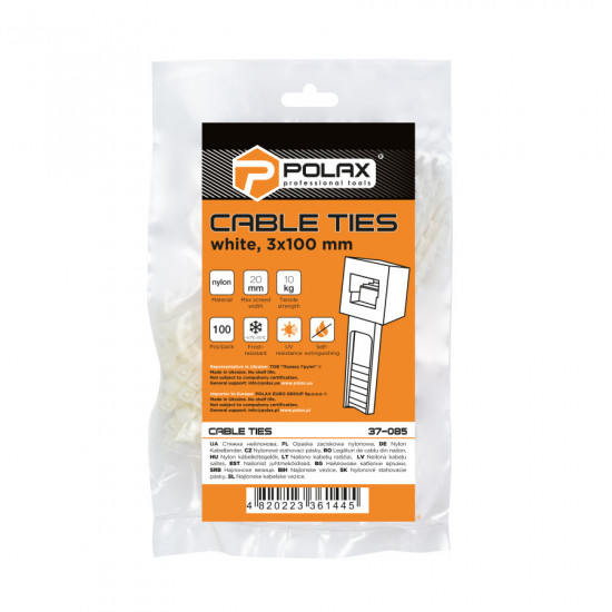 Хомут пластиковий (стяжка) Polax нейлонова 3 х 100мм, білий 100 шт. (37-085)