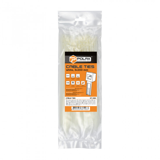 Хомут пластиковий (стяжка) Polax нейлонова 3 х 200мм, білий 100 шт. (37-089)