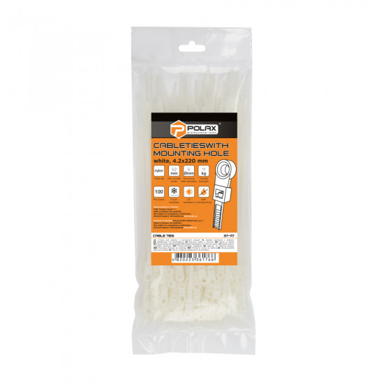 Хомут пластиковий (стяжка) Polax кабельний з монтажним кільцем 4,2 х 220 мм, білий 100 шт. (37-117) Хомут пластиковий (стяжка) Polax кабельний з монтажним кільцем 4,2 х 220 мм, білий 100 шт. (37-117)