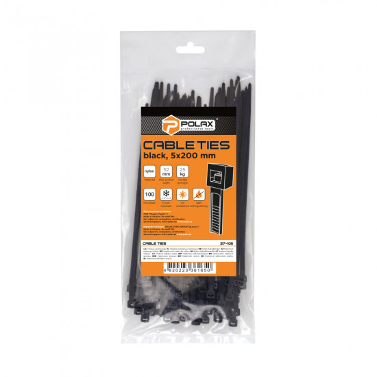 Хомут пластиковий (стяжка) Polax нейлонова 5 х 200мм, чорний 100 шт. (37-106) Хомут пластиковий (стяжка) Polax нейлонова 5 х 200мм, чорний 100 шт. (37-106)