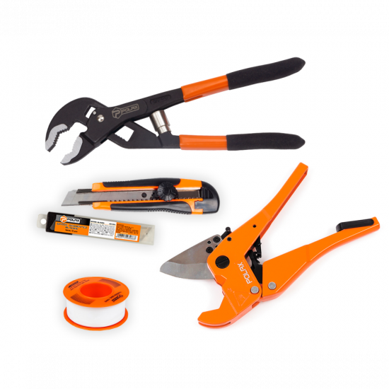 Набір труборіз, ключ трубний переставний з ресорою, стрічка тефлонова та ніж сегментний Polax (335-24)