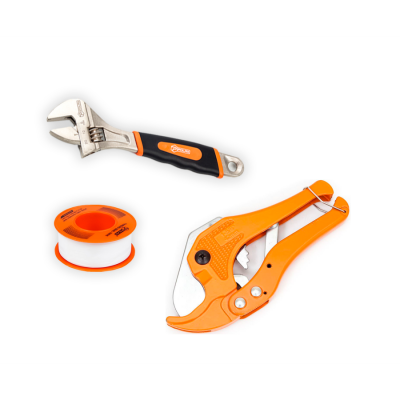 Набір трубний Polax труборіз 3-42 мм, тефлонова стрічка 15 м, і ключ розвідний 250 мм (335-13)