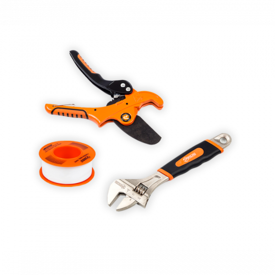 Набір труборіз, тефлонова стрічка, та ключ розвідний Polax (335-14)