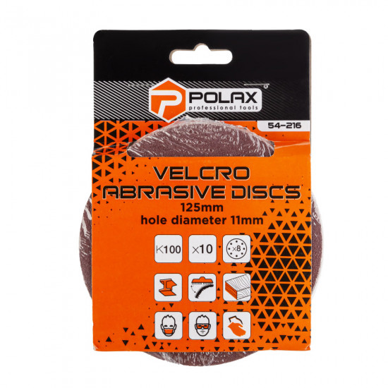 Шліфувальний круг Polax на липучці самозачіпній 125 мм, К100, з отворами (54-216) Шліфувальний круг Polax на липучці самозачіпній 125 мм, К100, з отворами (54-216)