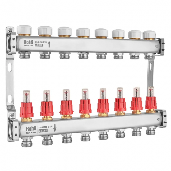 Колектор з витратоміром та термостатичними клапанами Roho R804-08M - 1"х 8 вих. (RO1071)