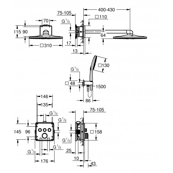 Душова система прихованого монтажу на 3 виходи з термостатом Grohe Grohtherm SmartControl (34864000