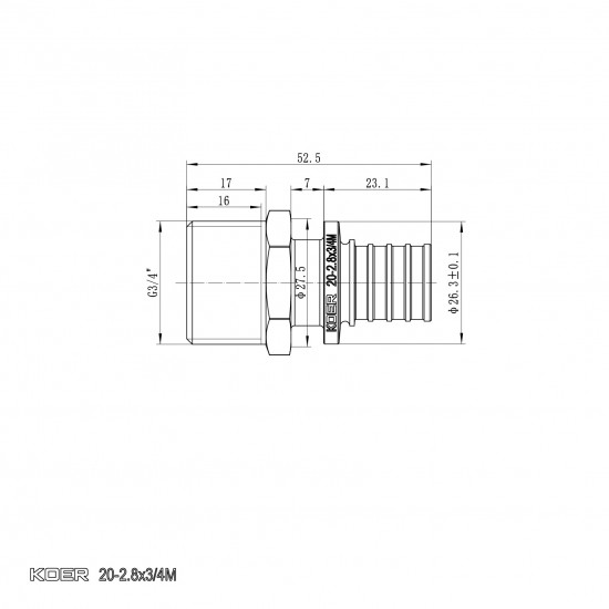 Перехідник із ЗР Koer KA.A08M-20 - 20(2.8mm) x 3/4"M (KR4852)