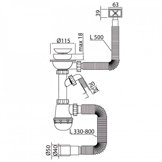 Сифон для кухні Mixxus SK-02-B 3 1/2"x40 з нерж.сіткою, відведенням для пральної машини, гнучким пр