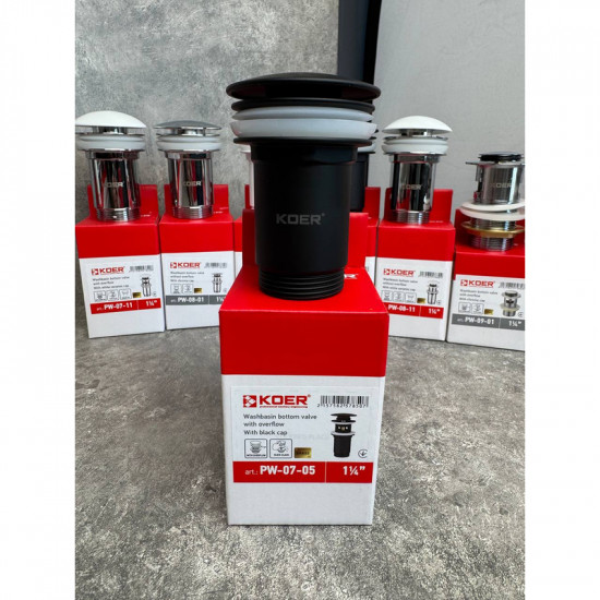 Донний клапан для раковини Koer PW-07-05 1 1/4'' з переливом автоматичний СLICK-СLACK (Колір чорн)