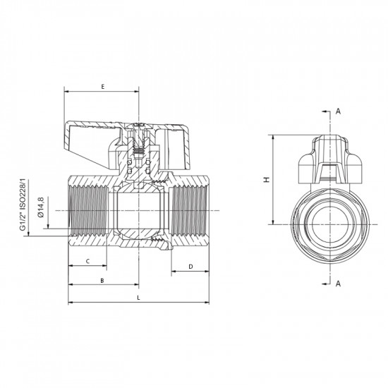 Кран кульовий ГАЗ, Roho R211-050G - 1/2" ВВ ручка "метелик" жовта Roho R111-050G - 1/2" ВЗ (RO0242)