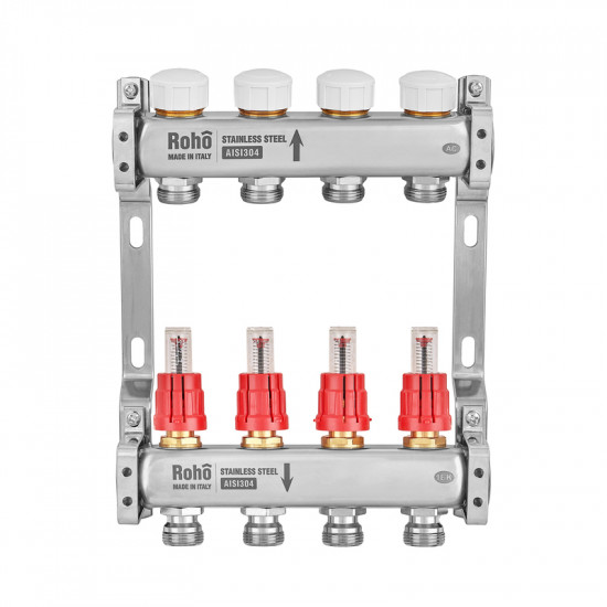 Коллектор с расходомером и термостатическими клапанами Roho R804-04M - 1"х 4 вых. (RO1029)