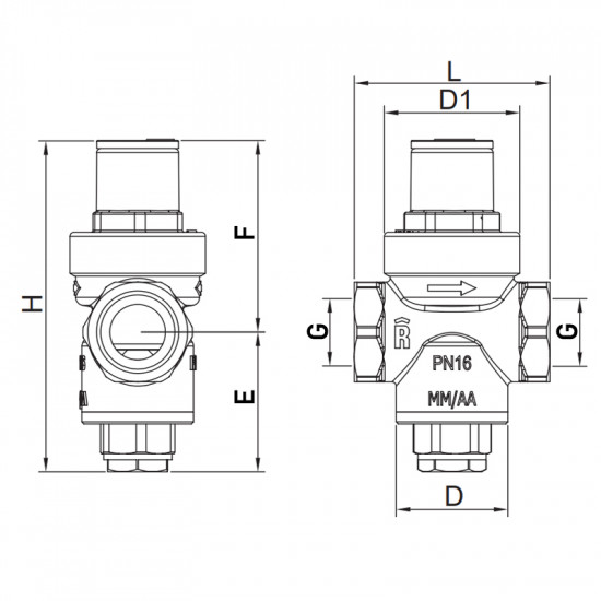 Редуктор тиску Roho R1201-050 - 1/2" ВВ, PN16 (1-5,5 бар) поршневий (RO0143)