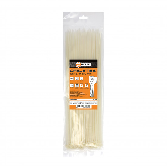 Хомут пластиковий (стяжка) Polax нейлонова 4 х 370мм, білий 100 шт. (37-103)