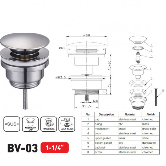 Донний клапан для раковини Zerix BV-03 1 1/4''  універсальний (з/без перел) СLICK-СLACK (Колір хром