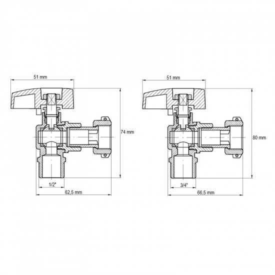 Комплект кранів для підключення газового котла Koer KR.1322 кутовий (1/2"x2шт, 3/4x2шт) (KR3126)