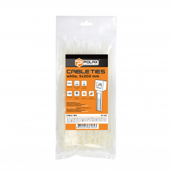 Хомут пластиковий (стяжка) Polax нейлонова 5 х 200мм, білий 100 шт. (37-105)