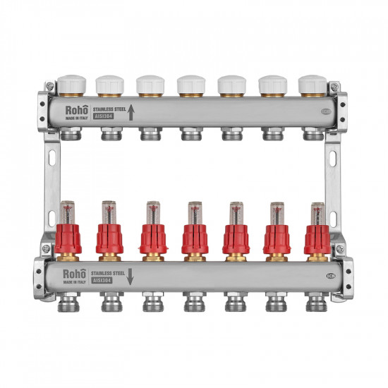 Коллектор с расходомером и термостатическими клапанами Roho R804-07M - 1"х 7 выходов (RO1032)