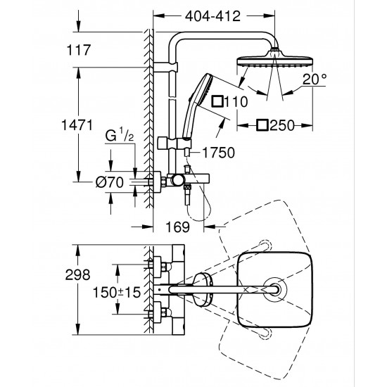Душова система настінного монтажу з термостатом для ванни Grohe Tempesta System 250 Cube (26691001)