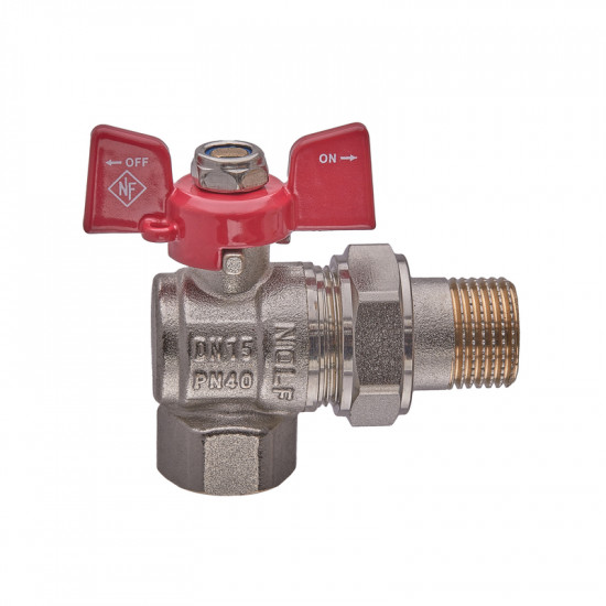 Кран кульовий з американкою Nolf classic NFC.941-06-1/2" FM кутовий, ГШМ ручка "метелик" червона (N