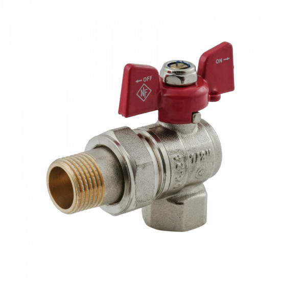 Кран кульовий з американкою Nolf classic NFC.941-06-1/2" FM кутовий, ГШМ ручка "метелик" червона (N