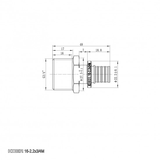 Перехідник з ЗР Koer KA.A08M-16 - 16(2.2mm) x 3/4"M (KR4850)