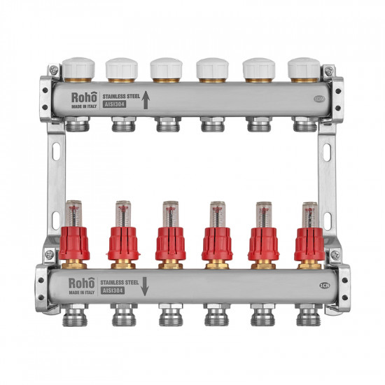 Колектор з витратоміром та термостатичними клапанами Roho R804-06M - 1"х 6 вих. (RO1031)