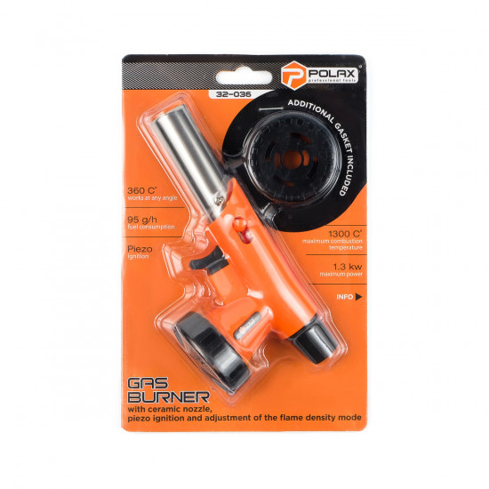 Газовий пальник з перемикачем режимів горіння, керамічним покриттям сопла та п\'єзопідпалом Polax 1,3 kW, 1300 °C, 360 ° (32-036) Газовий пальник з перемикачем режимів горіння, керамічним покриттям сопла та п\'єзопідпалом Polax 1,3 kW, 1300 °C, 360 ° (32-036)