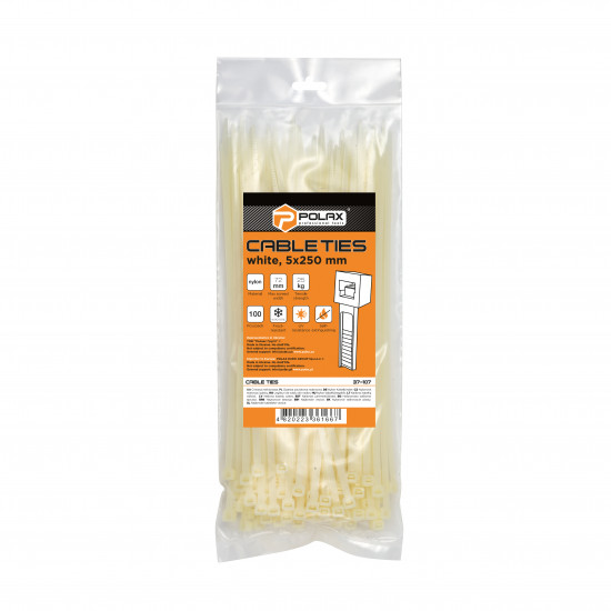 Хомут пластиковий (стяжка) Polax нейлонова 5 х 250мм, білий 100 шт. (37-107)