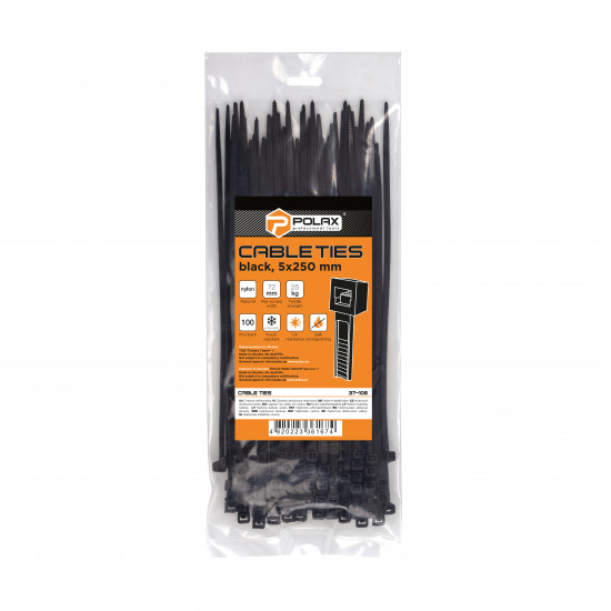 Хомут пластиковий (стяжка) Polax нейлонова 5 х 250мм, чорний 100 шт. (37-108)