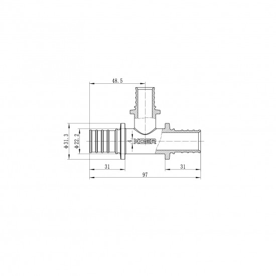 Трійник перехідний Koer KA.T25-20-25 - 25(3.5mm) x 20(2.8mm) x 25(3.5mm) (KR4892)