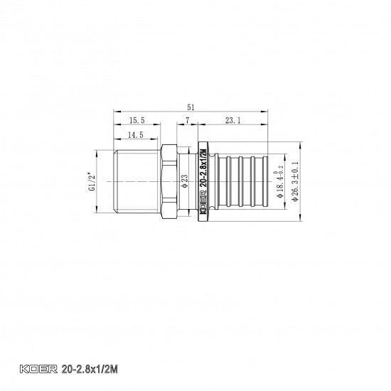 Перехідник з ЗР Koer KA.A06M-20 - 20(2.8mm) x 1/2"M (KR4851)