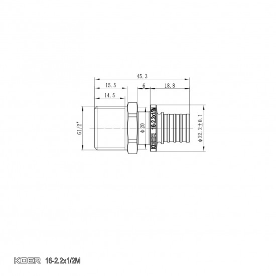 Перехідник з ЗР Koer KA.A06M-16 - 16(2.2mm) x 1/2"M (KR4849)