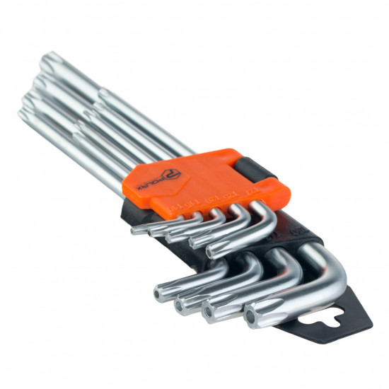 Набір шестигранних TORX ключів Polax Г-подібних подовжених, 9 предметів, Т10-Т50, Cr-V (25-008)