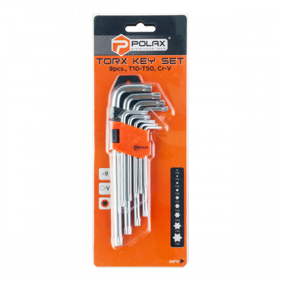 Набір шестигранних TORX ключів Polax Г-подібних подовжених, 9 предметів, Т10-Т50, Cr-V (25-008)