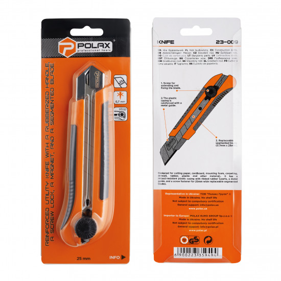 Ніж будівельний Polax посилений з висувним лезом, гвинтовий замок 25 мм (23-009)