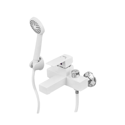 Смеситель для ванны Plamix Kubus-009 EURO SET White (с шлангом, лейкой и кронштейном) (PM0673)