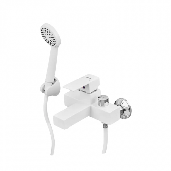 Смеситель для ванны Plamix Kubus-009 EURO SET White (с шлангом, лейкой и кронштейном) (PM0673)