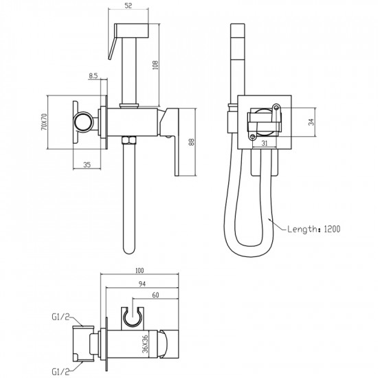 Змішувач для гігієнічного душу Mixxus Premium Kvadro 333 Inner з лійкою (MI6925)