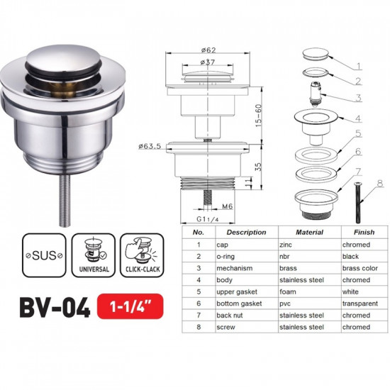 Донний клапан для раковини Zerix BV-04 1 1/4'' універсальний (з/без перел) СLICK-СLACK (Колір хром Донний клапан для раковини Zerix BV-04 1 1/4'' універсальний (з/без перел) СLICK-СLACK (Колір хром