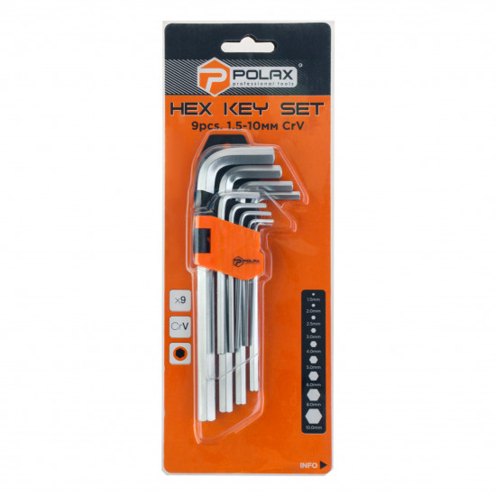 Набір шестигранних ключів Polax Г-подібних подовжених, 9 предметів, 1.5-10 мм, Cr-V (25-006)