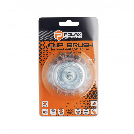Щітка чашкова 75 мм, для дриля, 1/4", кручений дріт Polax (54-170)