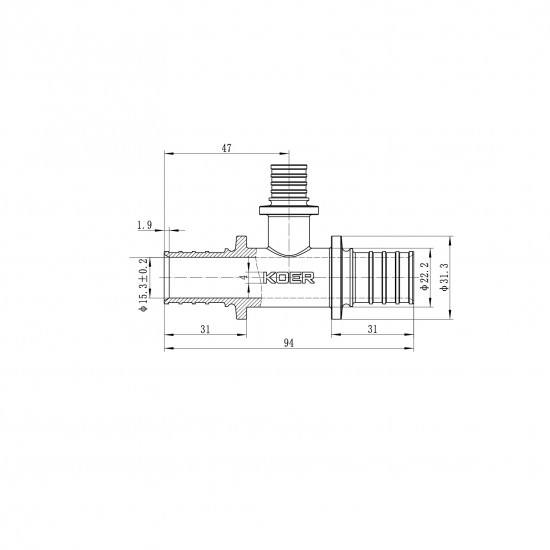 Трійник перехідний Koer KA.T25-16-25 - 25(3.5mm) x 16(2.2mm) x 25(3.5mm) (KR4890)